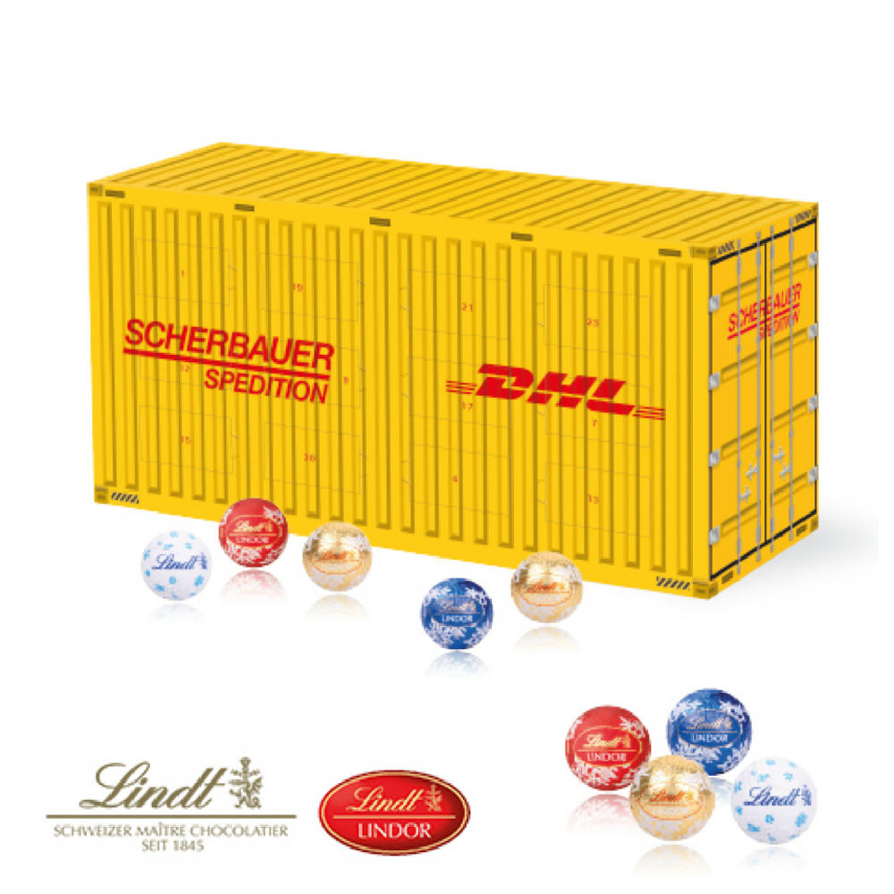3D Adventskalender "Container" mit Lindt Schokolade Werbeartikel