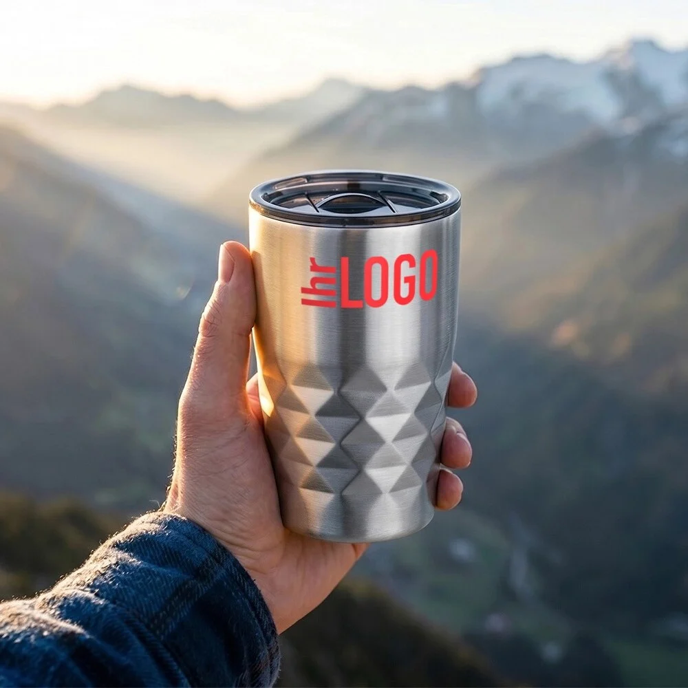 Geo 350 ml Kupfer-Vakuum Isolierbecher Geo Edelstahl Thermobecher in der Hand vor Berglandschaft – robuster Werbeartikel für Reisen, Outdoor und Abenteuer