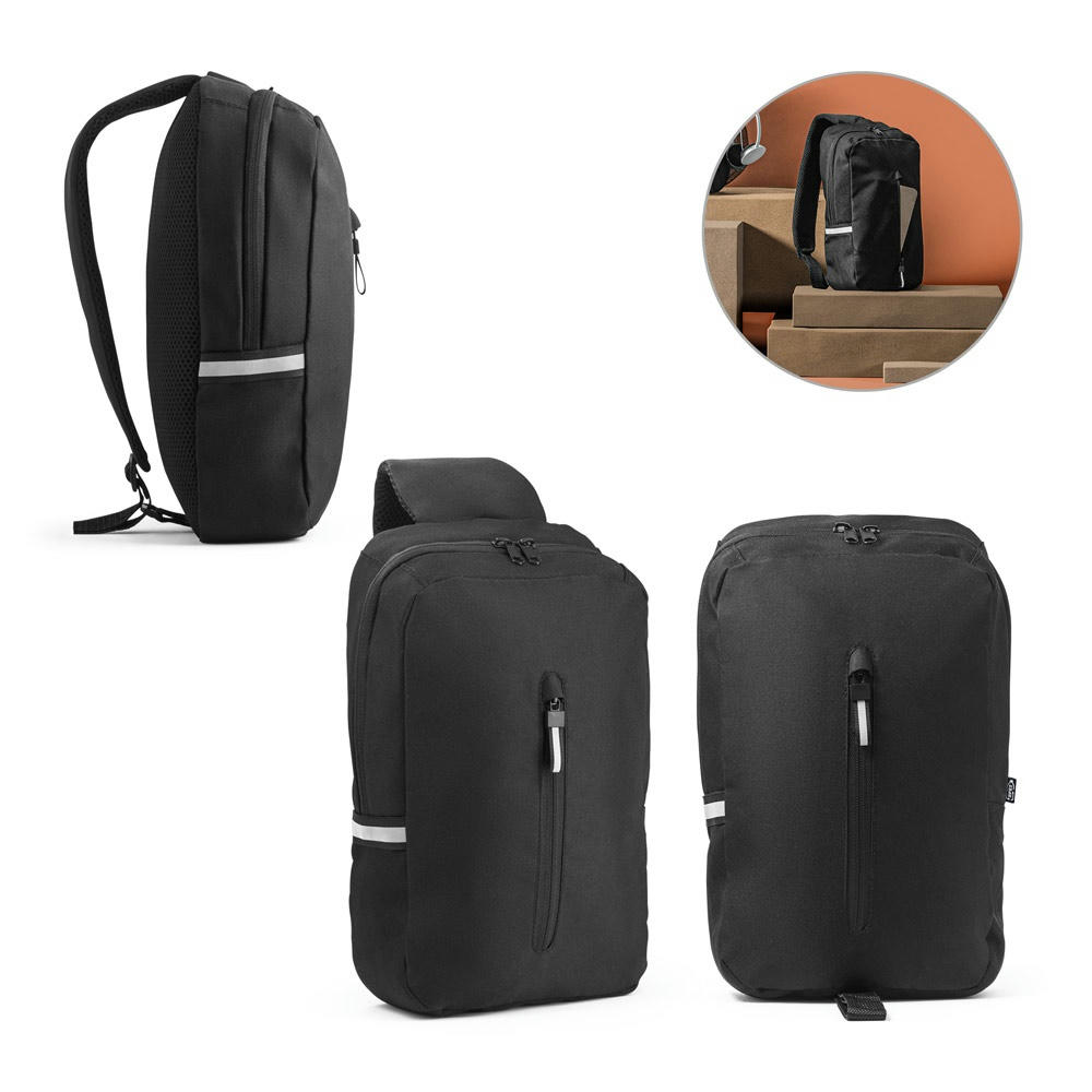 Product image DELFOS. Rucksack mit einem Schultergurt aus 300D recyceltem Polyester und 600D recyceltem Polyester, mit 210D-Futter aus recyceltem Polyester Werbeartikel