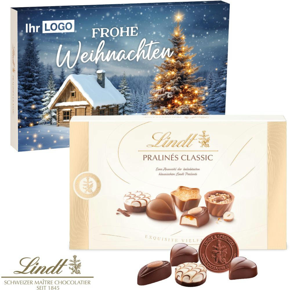 Lindt Pralinés Classic 125g Packung im individuell bedruckbaren FSC® Werbeschuber als exklusives B2B Weihnachtsgeschenk