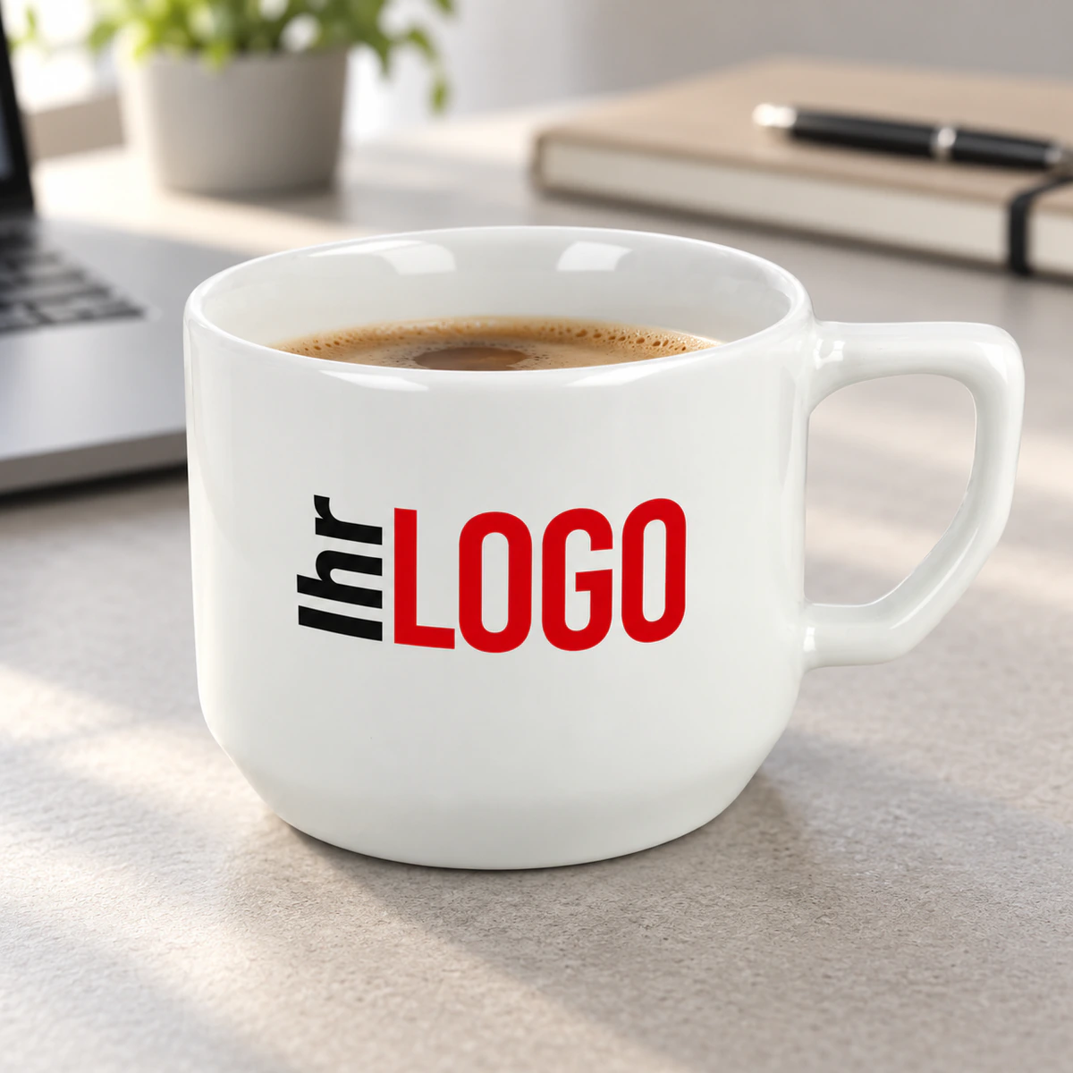 Becher Bern 250ml Weißer Becher Bern, 250 ml, mit Logo und Kaffee auf einem hellen Büroschreibtisch neben Laptop und Notizbuch.
