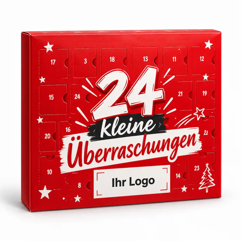 Roter Adventskalender mit Logo, 24 Türchen und weihnachtlichem Design – individuell bedruckbares Werbegeschenk für Kunden und Mitarbeiter.