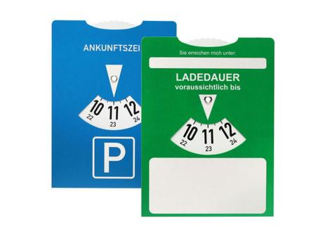 Kartonparkscheibe mit Ladedaueranzeige für E-Autos Werbeartikel