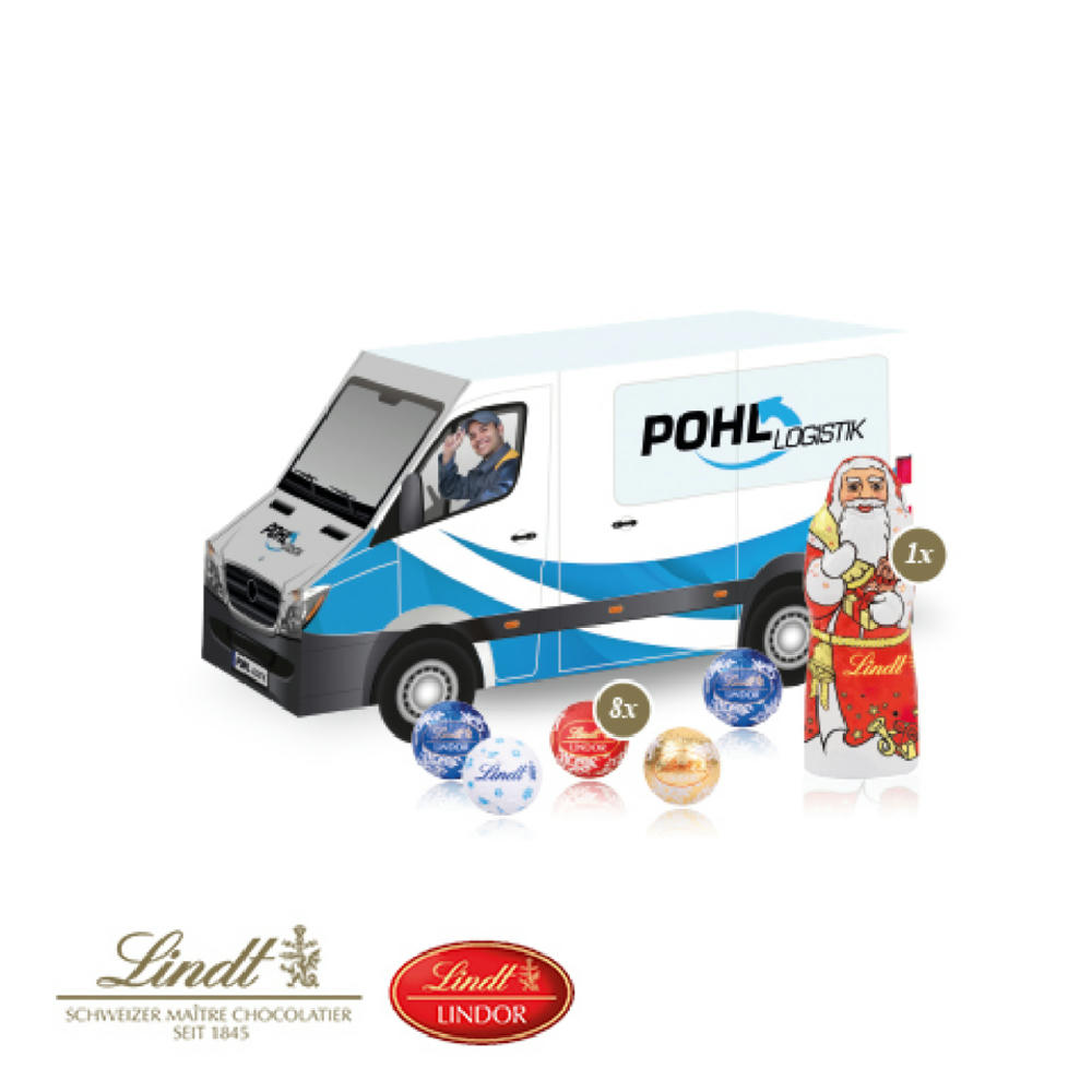 3D Präsent "Transporter" mit Lindt Minis und Nikolaus Werbeartikel