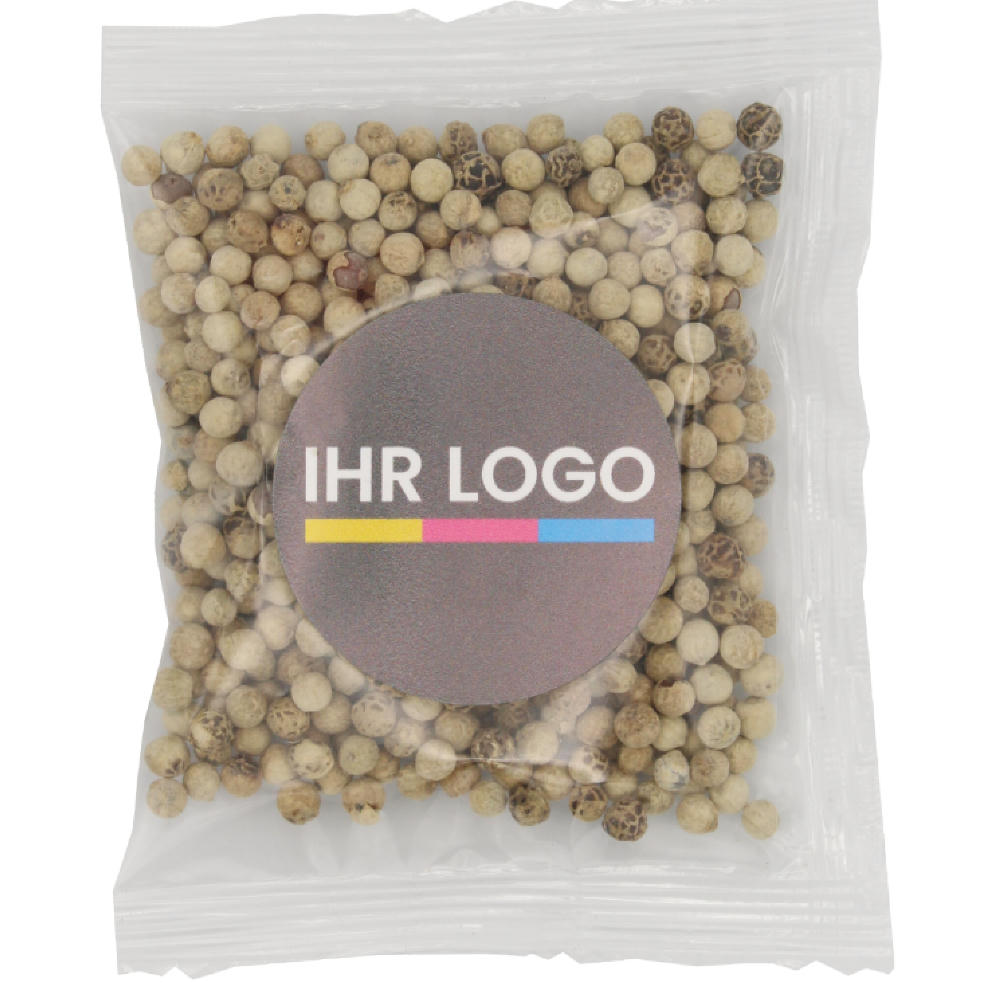 Product image Pfeffer weiß ganz mit Aufkleber Werbeartikel