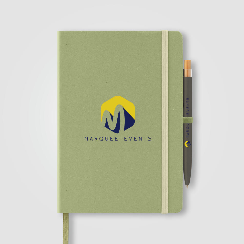 Terra Notizbuch mit festem Einband aus recyceltem Milchkarton - A5 und Reborn Kugelschreiber Set Werbeartikel