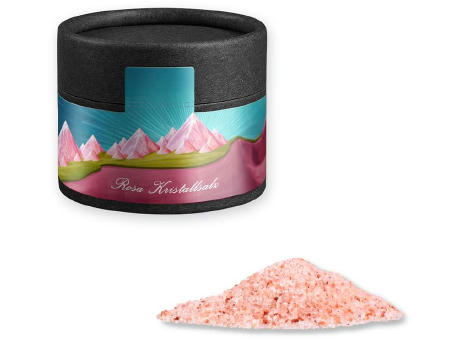 Rosa Kristallsalz, ca. 75g, Kraftpapierdose Mini schwarz Werbeartikel