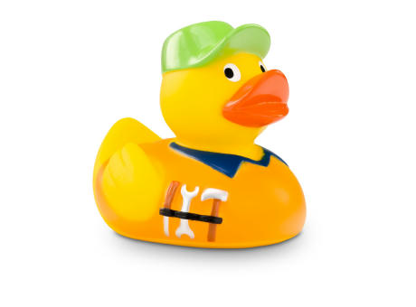 Werbeente Hugo Handwerker mit orangenem Shirt Werbeartikel