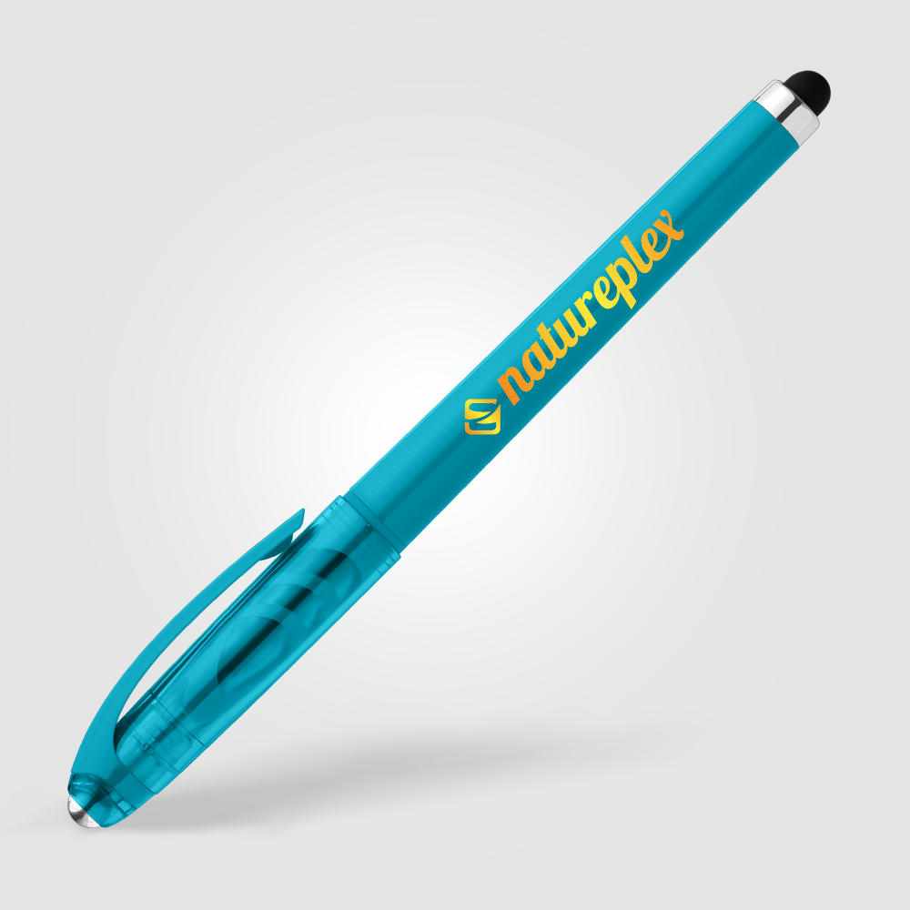 Prism Gelschreiber mit Fidget-Ball-Funktion und Stylus aus recyceltem Kunststoff  Werbeartikel