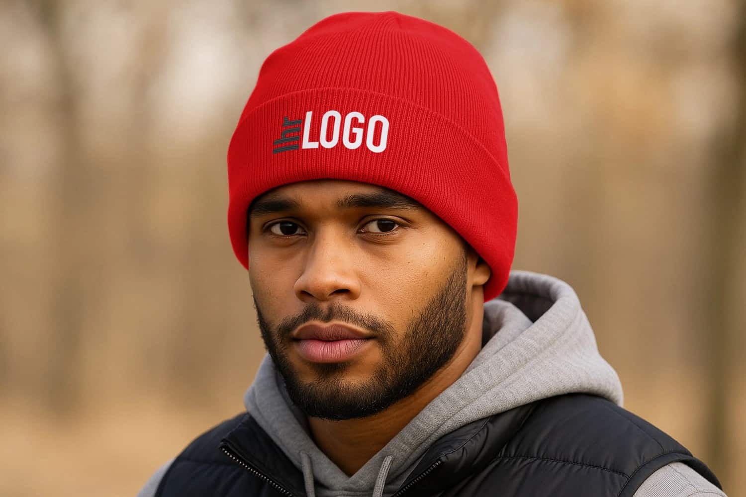 Mann mit IRWIN Beanie rot und Logo – praktischer Werbeartikel für Events, Outdoor-Einsatz und Mitarbeiterkleidung im Winter