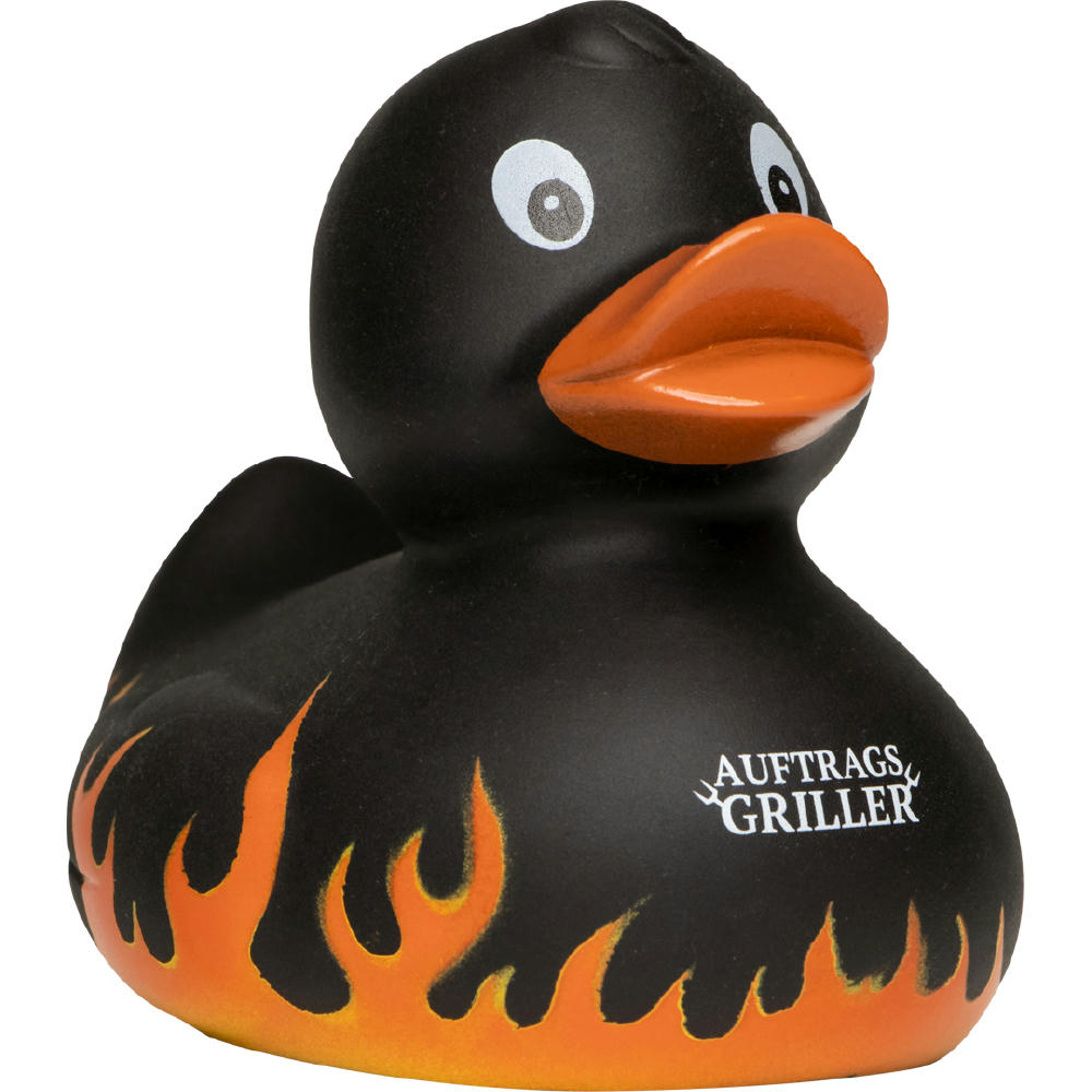 Product image Quietsche-Ente Flammen mit Slogan Auftragsgriller Werbeartikel