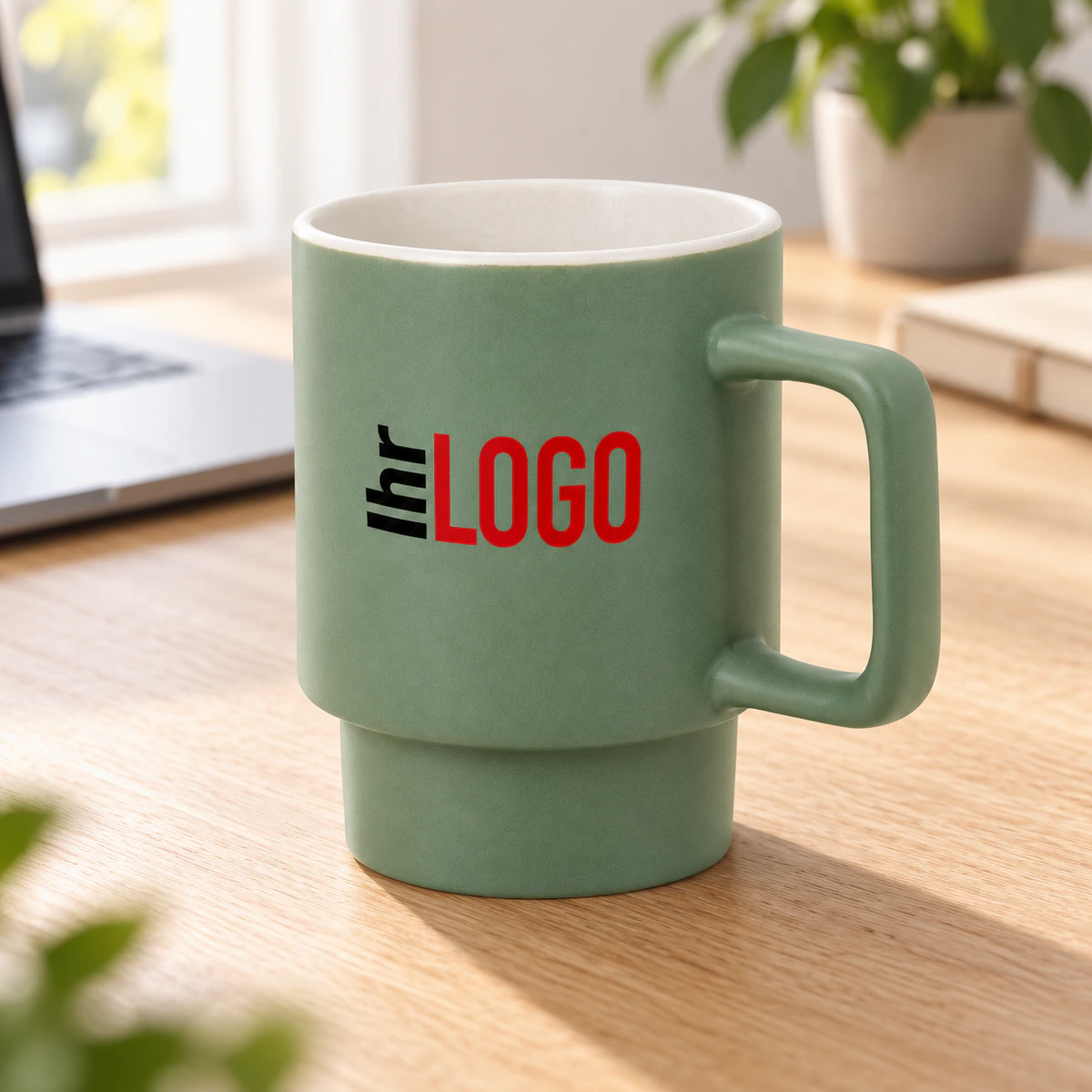 KUERTEN. Keramikbecher mit matter Oberfläche 330 ml Keramikbecher Kürten in Khaki, 330 ml, mit Logoaufdruck auf einem hellen Schreibtisch neben einem Laptop als Werbeartikel fürs Büro.