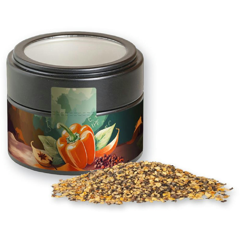 Product image Gewürzmischung Orangen-Pfeffer, ca. 55g, Metalldose Mini mit Sichtfenster schwarz Werbeartikel