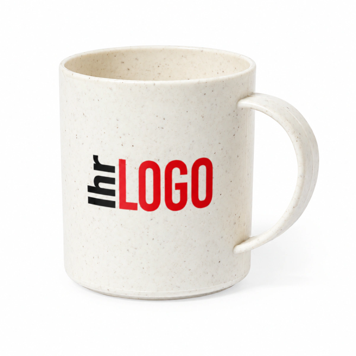 Naturfarbene, fein gesprenkelte Tasse Esprit mit dünnem Henkel und Logoaufdruck als Werbeartikel vor weißem Hintergrund.