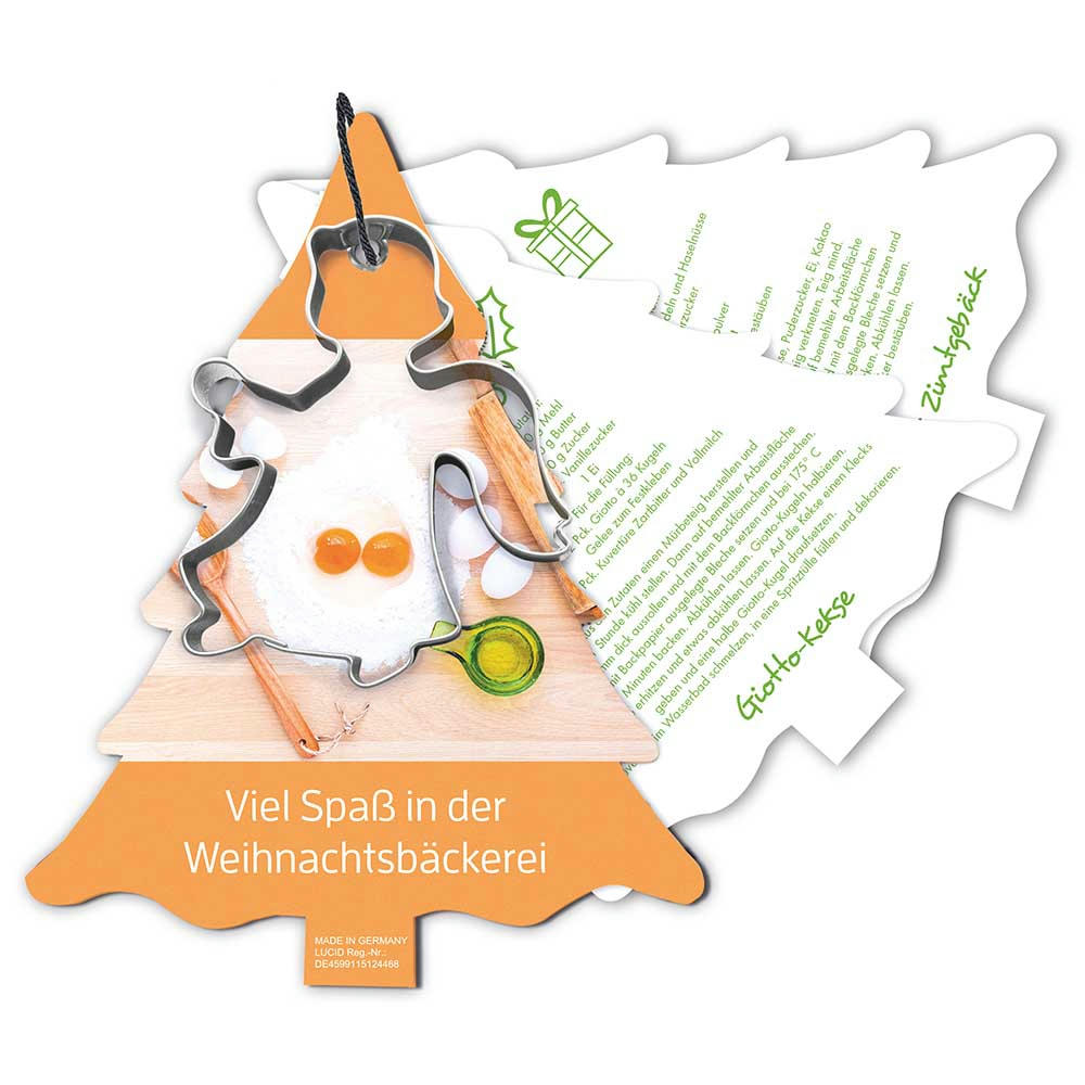 Backförmchen mit Rezeptblock Tannenbaum - Engel - in weihnachtlicher Mappe (neutral) Werbeartikel