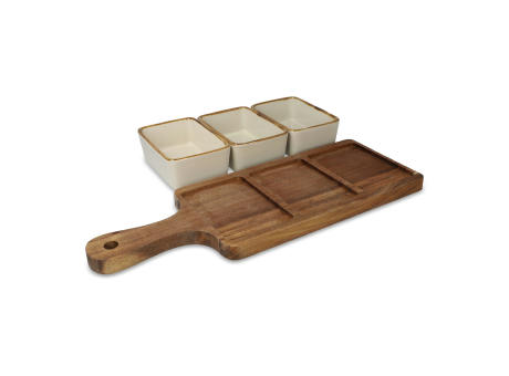 InSideOut Servierbrett aus Holz mit 3 Keramikschalen Werbeartikel