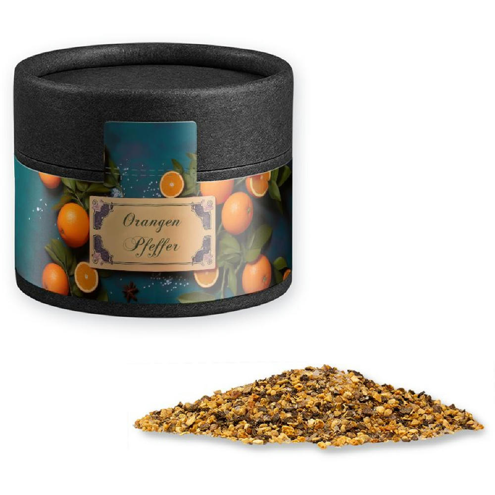 Product image Gewürzmischung Orangen-Pfeffer, ca. 40g, Kraftpapierdose Mini schwarz Werbeartikel
