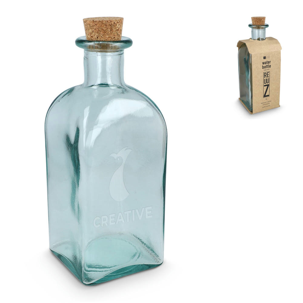 Product image InSideOut Square Recycelte Glaswasserflasche ReuuZ mit Korkverschluss 1 l Werbeartikel