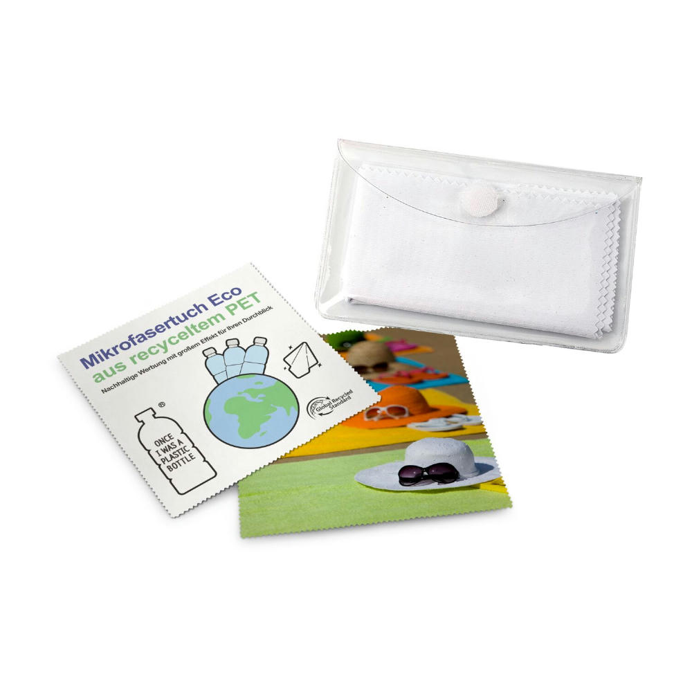 Product image Brillenputztuch rPET - Mikrofasertuch 15 x 15 cm, in transparentem Schutzetui mit Klettpunkt Werbeartikel