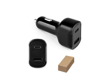 DIRAC. KFZ-Ladegerät mit USB-A Anschluss 18W und USB-C 20W in 100% rABS Werbeartikel