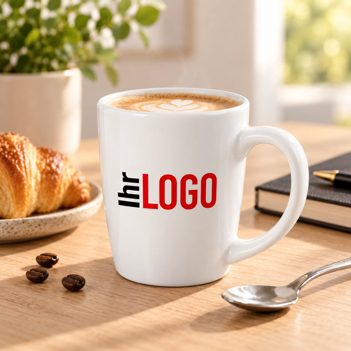 Bogota 350 ml Keramiktasse in Weiß mit „Ihr Logo“ in einer freundlichen Kaffeepause als hochwertiger Werbeartikel.
