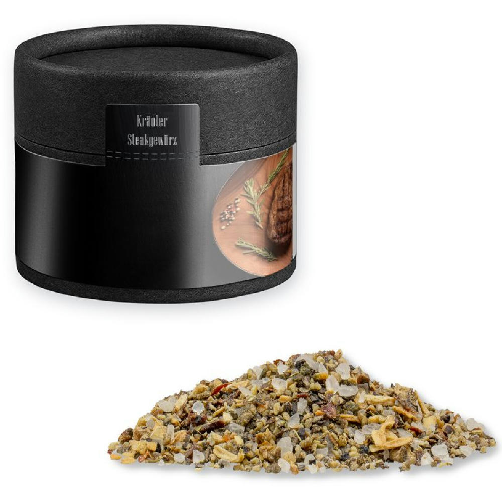 Product image Gewürzmischung Kräuter-Steakgewürz, ca. 25g, Kraftpapierdose Mini schwarz Werbeartikel