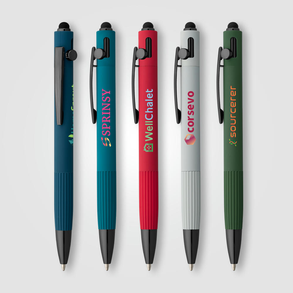 Saga Kugelschreiber mit Druckmechanismus und Stylus aus recyceltem Aluminium Werbeartikel