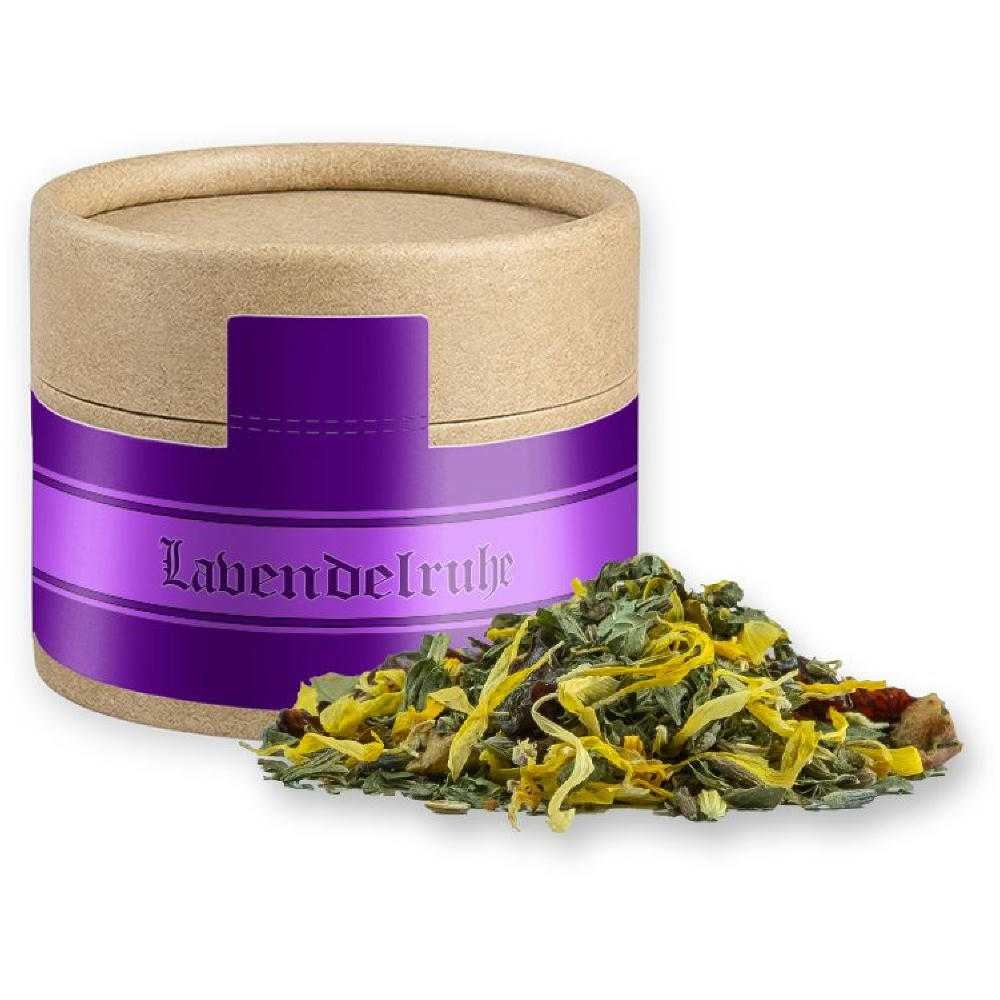 Kräutertee Lavendel, ca. 11g, Kraftpapierdose Mini Werbeartikel