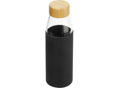Hitzebeständige Glas-Trinkflasche 0,5 l mit Bambusdeckel, Silikonmanschette und Geschenkbox bedrucken