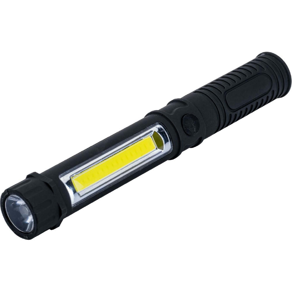 Schwarze COB-LED Arbeitsleuchte FACTORY mit Frontlicht und gummiertem Griff – Arbeitsleuchte mit Logo