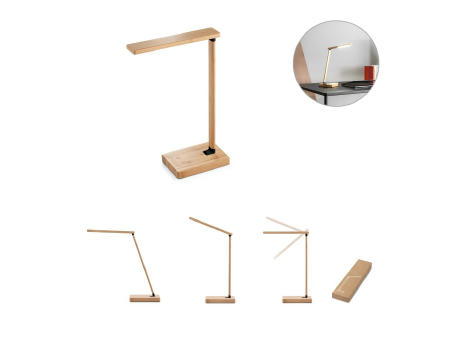 MOREY. Klappbare Schreibtischlampe mit superschnellem kabellosem 15W-Ladegerät aus Bambus Werbeartikel