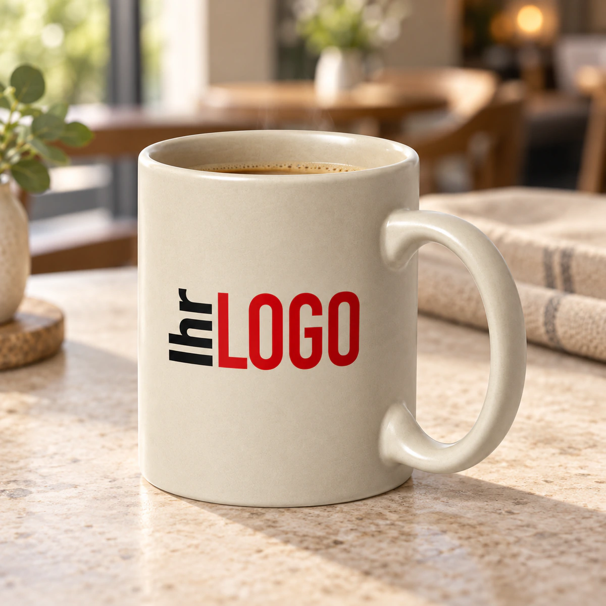 Naturbeige Tasse Malik mit Logoaufdruck und Kaffee auf einem hellen Steintisch im Café als Beispiel für eine Werbetasse.