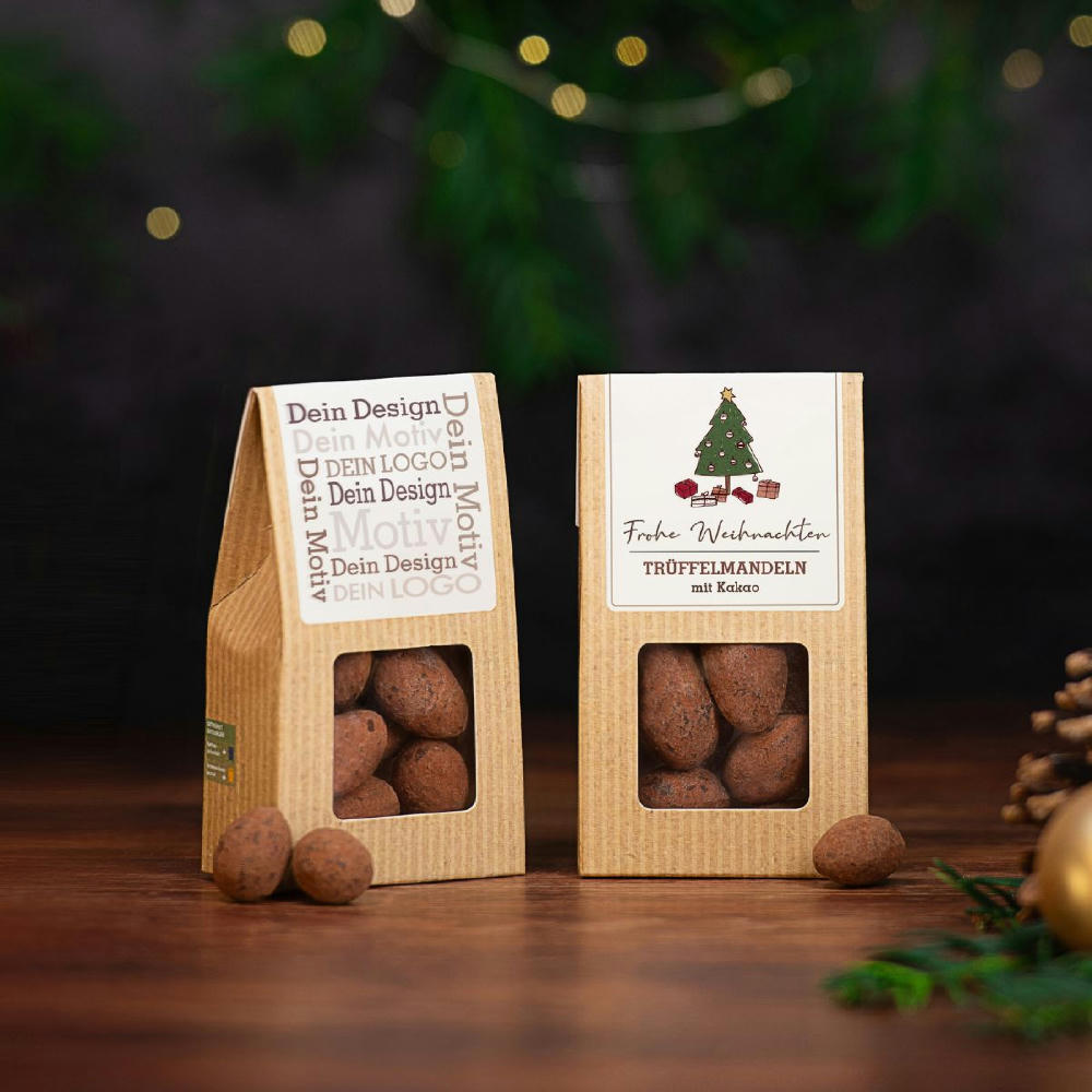 Product image Weihnachts Edition - Trüffelmandeln mit Kakao in der Mini-Faltschachtel Werbeartikel