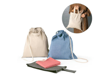 RISSANI. Tragetasche/Turnbeutel (2in1) aus recycelter Baumwolle (70%) und polyester (30% rPET) (140 g/m²) bedrucken