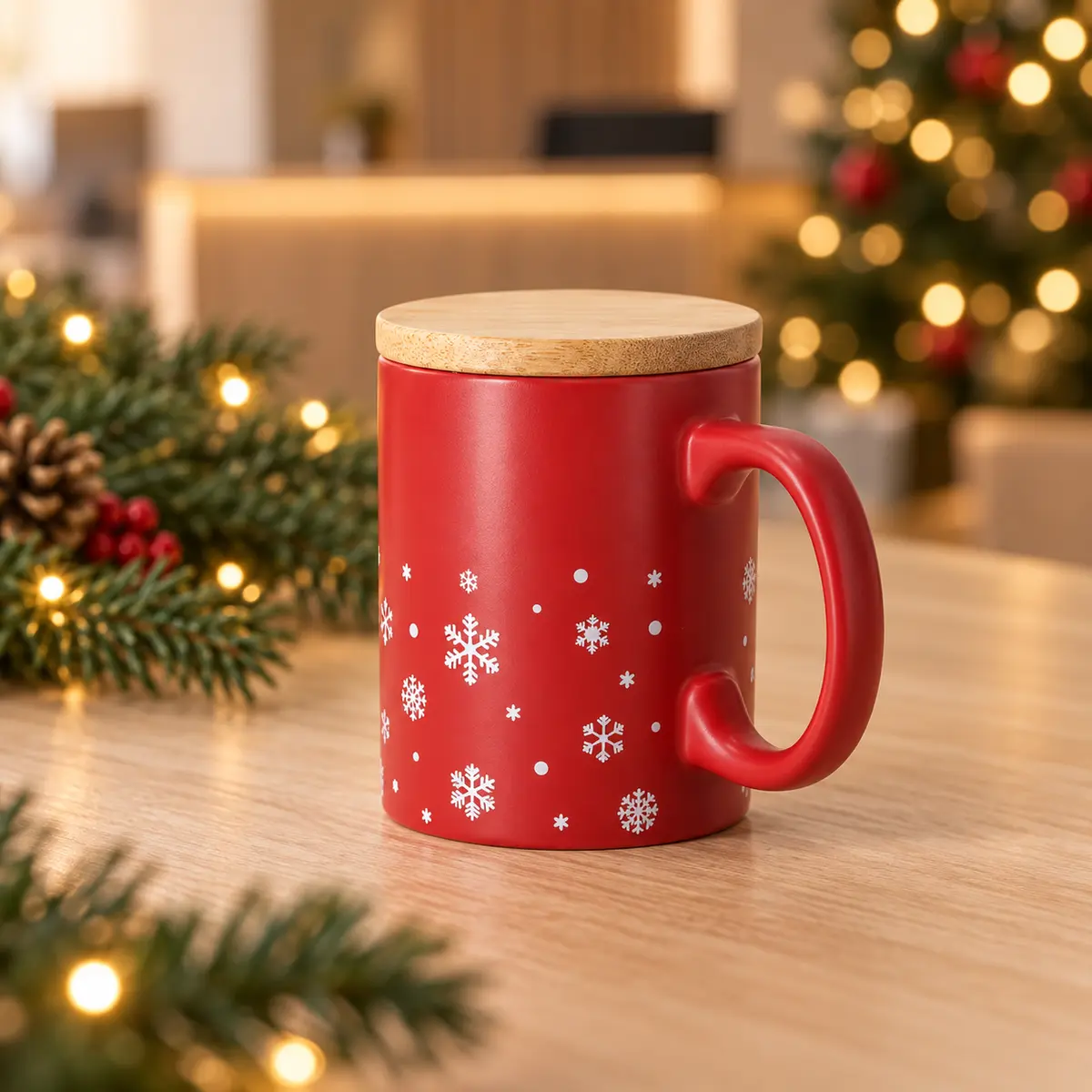 Rote Weihnachtstasse Helogran mit Bambusdeckel, 300 ml mit weißem Schneeflockenmuster im weihnachtlichen Büroambiente