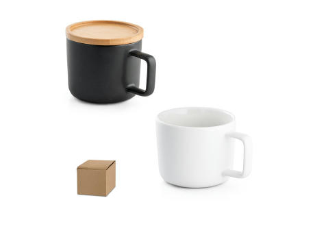 FANGIO. Tasse aus Keramik 220ml mit Deckel aus Bambus, der als Untersetzer dient bedrucken