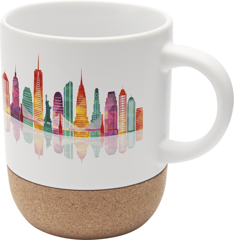Bari 300 ml Sublimation Keramiktasse mit Korkdetails bedrucken – moderne Werbetasse mit natürlichem Design