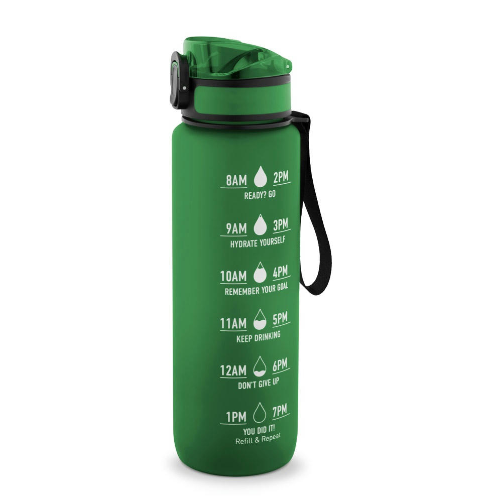 ERIKSSON. Flasche aus recyceltem PET (100 % rPET) mit motivierenden Sprüchen und Zeitmarkierungen, die zum Wassertrinken anregen Werbeartikel