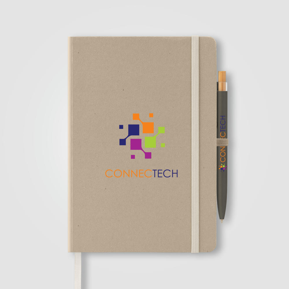 Terra Notizbuch mit festem Einband aus recyceltem Milchkarton - A5 und Reborn Kugelschreiber Set Werbeartikel