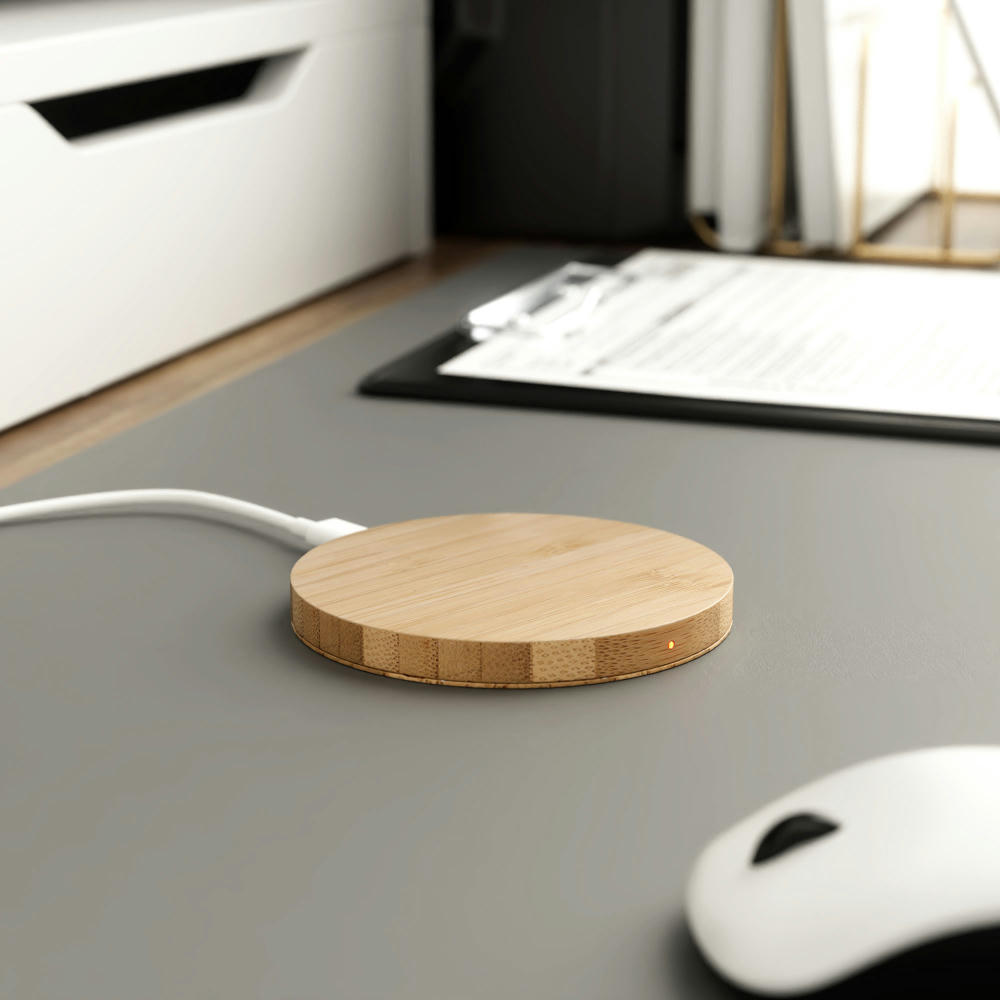 Wireless Charger Bamboo round Werbeartikel