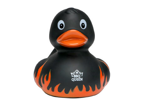 Quietsche-Ente Flammen mit Slogan BBQ-Queen Werbeartikel
