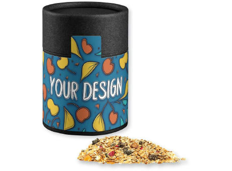 Müsli Sauerkirsche, ca. 60g, Kraftpapierdose Midi schwarz Werbeartikel