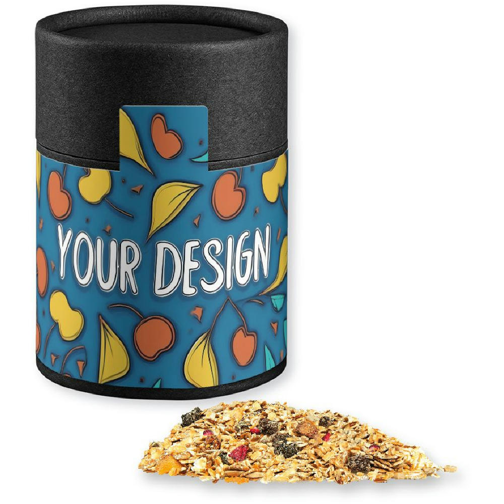 Product image Müsli Sauerkirsche, ca. 60g, Kraftpapierdose Midi schwarz Werbeartikel