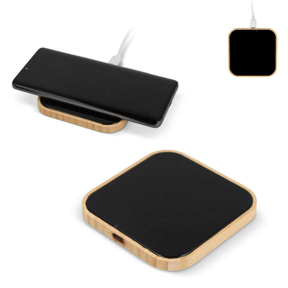 Product image Kabelloses Ladegerät aus Bambus und Glas 10W Werbeartikel