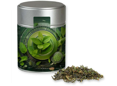 Grüner Tee mit Minze, ca. 35g, Metalldose Midi silber Werbeartikel