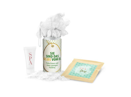 Geschenkset / Präsenteset: SPA Dose Ostern, das Nest in der Dose - Etikett Frohe Ostern - EierWiese Werbeartikel