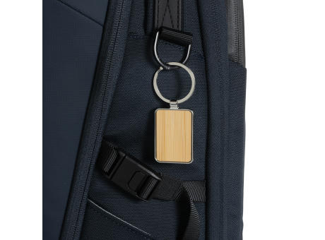 Eckiger Schlüsselring aus RCS rec. Zinklegierung mit Bambus Werbeartikel