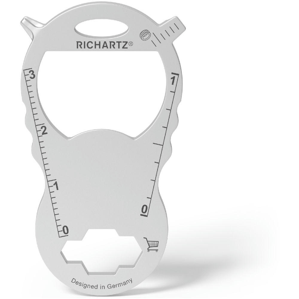 RICHARTZ KEY TOOL compact shop: flaches Multitool mit Flaschenöffner, Lineal und Einkaufswagen-Symbol – Werbeartikel mit Logo