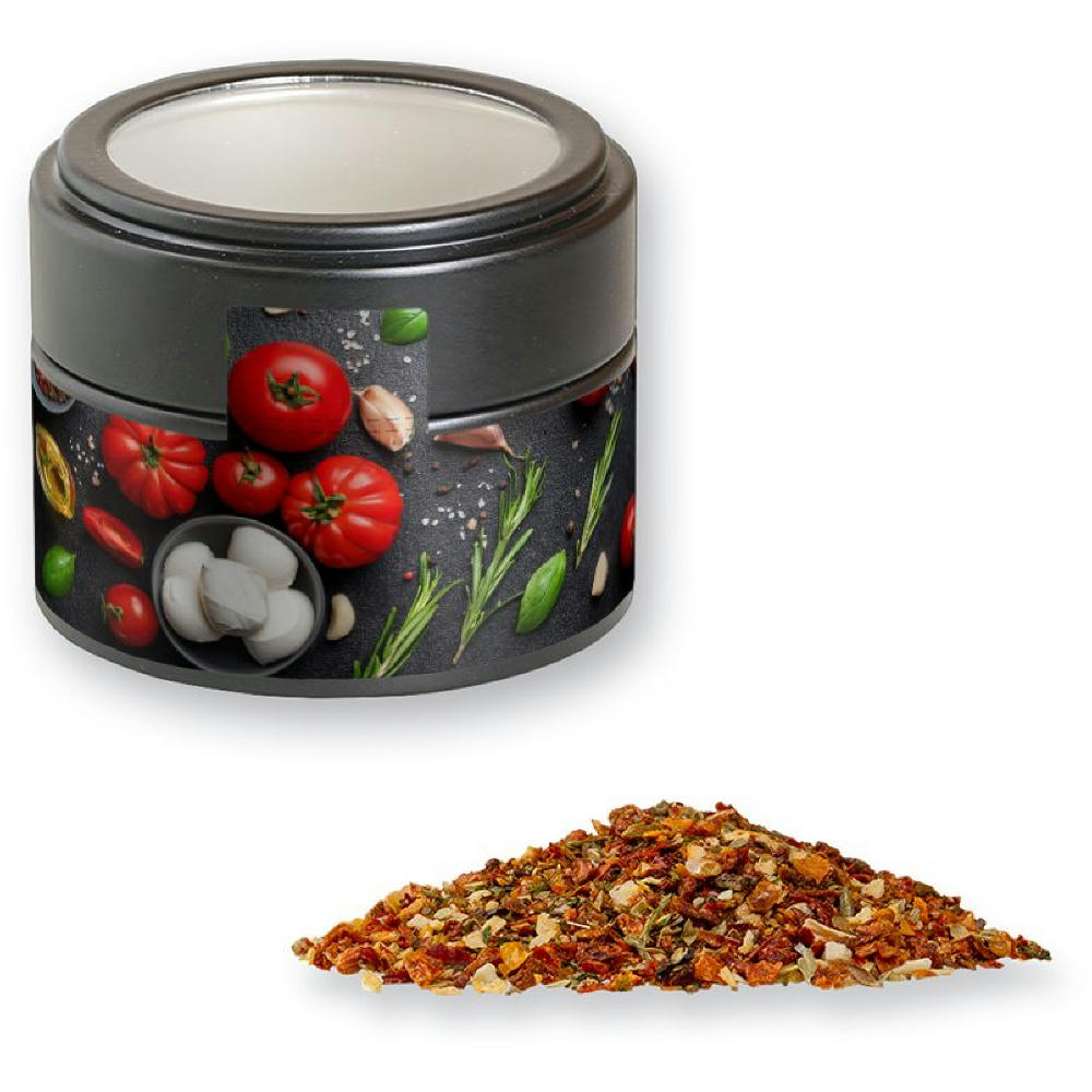 Product image Gewürzmischung Tomate-Mozzarella, ca. 40g, Metalldose Mini mit Sichtfenster schwarz Werbeartikel