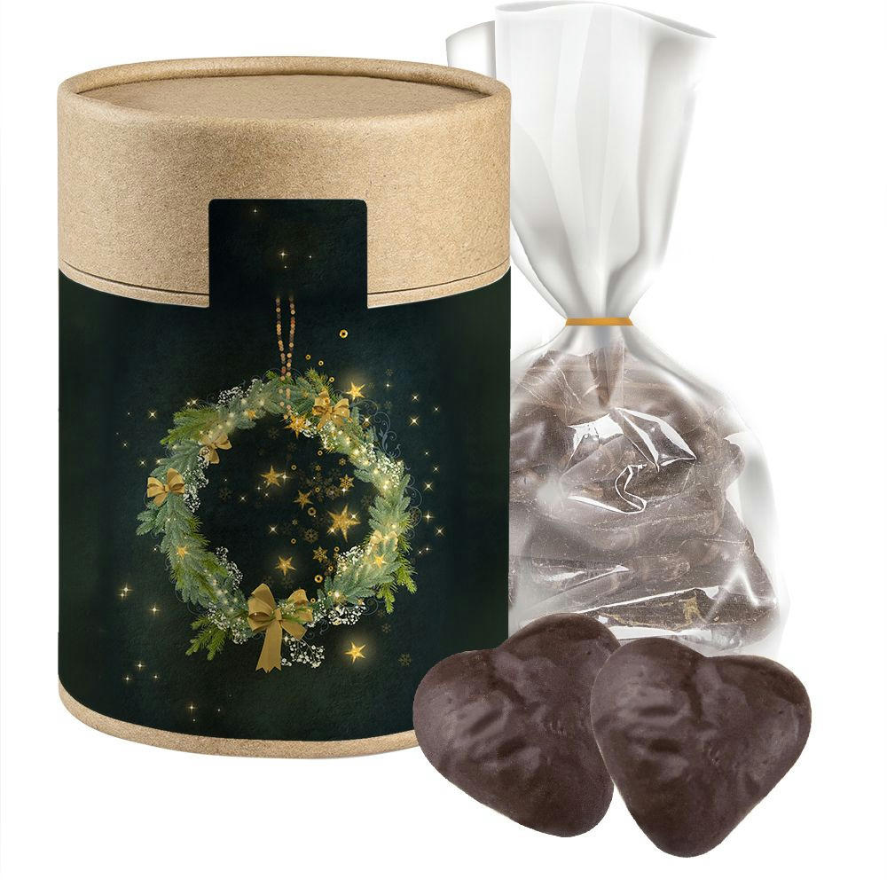 Product image Lebkuchen Schokoherzen gefüllt, ca. 100g, Beutel in Kraftpapierdose Maxi Werbeartikel